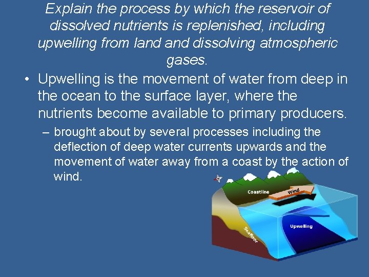 Explain the process by which the reservoir of dissolved nutrients is replenished, including upwelling
