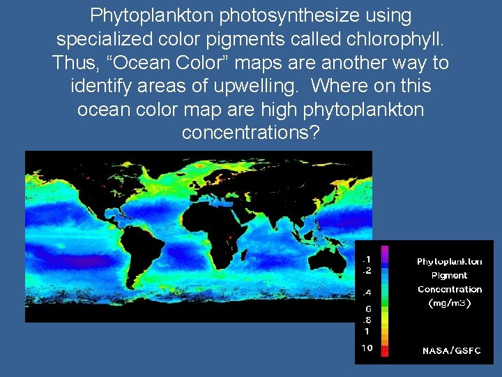 Phytoplankton photosynthesize using specialized color pigments called chlorophyll. Thus, “Ocean Color” maps are another