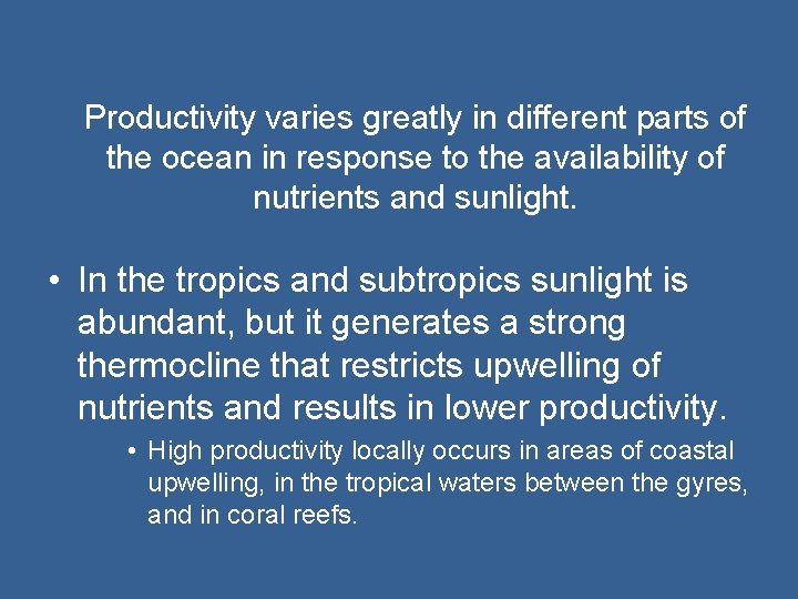 Productivity varies greatly in different parts of the ocean in response to the availability