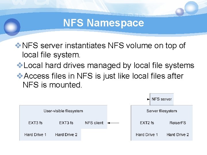 NFS Namespace v. NFS server instantiates NFS volume on top of local file system.