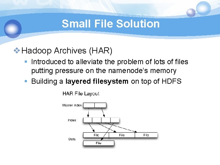 Small File Solution v Hadoop Archives (HAR) § Introduced to alleviate the problem of