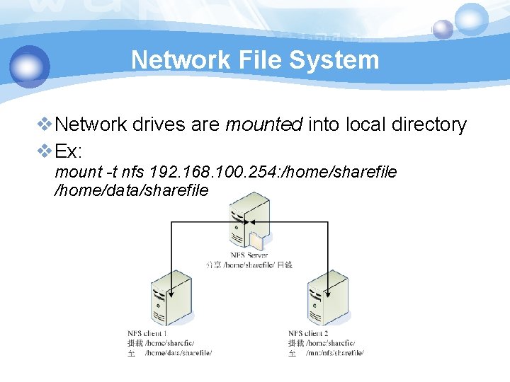 Network File System v. Network drives are mounted into local directory v. Ex: mount