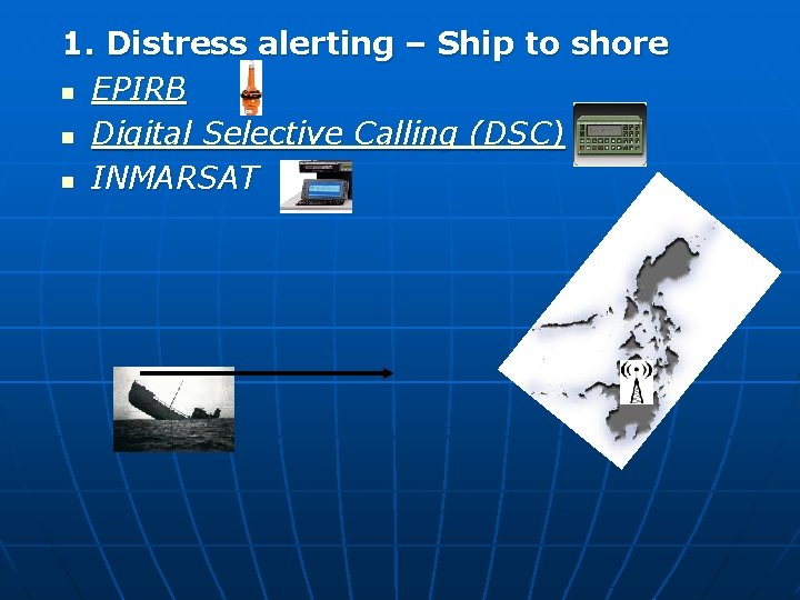 1. Distress alerting – Ship to shore n EPIRB n Digital Selective Calling (DSC)