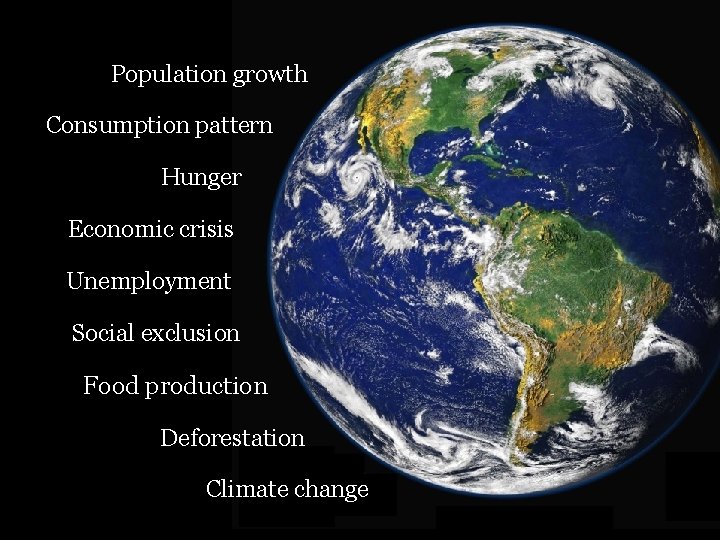 Population growth Consumption pattern Hunger Economic crisis Unemployment Social exclusion Food production Deforestation Climate