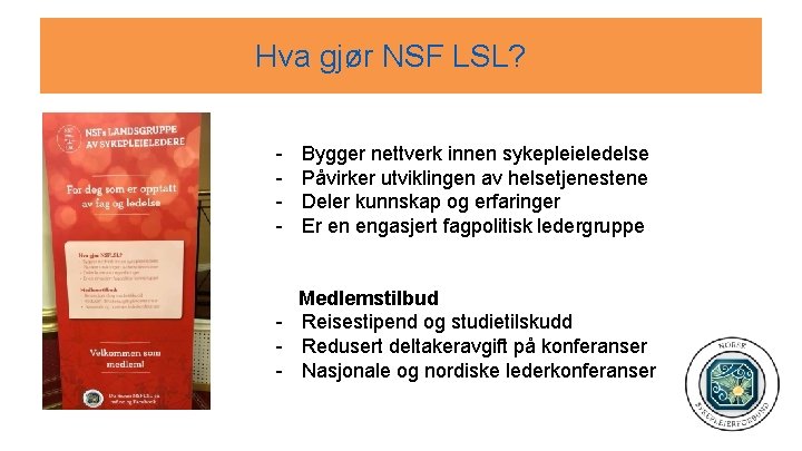 Hva gjør NSF LSL? - Bygger nettverk innen sykepleieledelse Påvirker utviklingen av helsetjenestene Deler