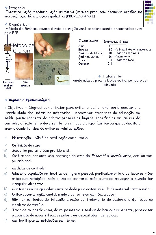 v Patogenia: -Intestino: ação mecânica, ação irritativa (vermes produzem pequenas erosões na mucosa), ação