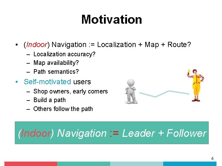 Motivation • (Indoor) Navigation : = Localization + Map + Route? – Localization accuracy? Motivation • (Indoor) Navigation : = Localization + Map + Route? – Localization accuracy?