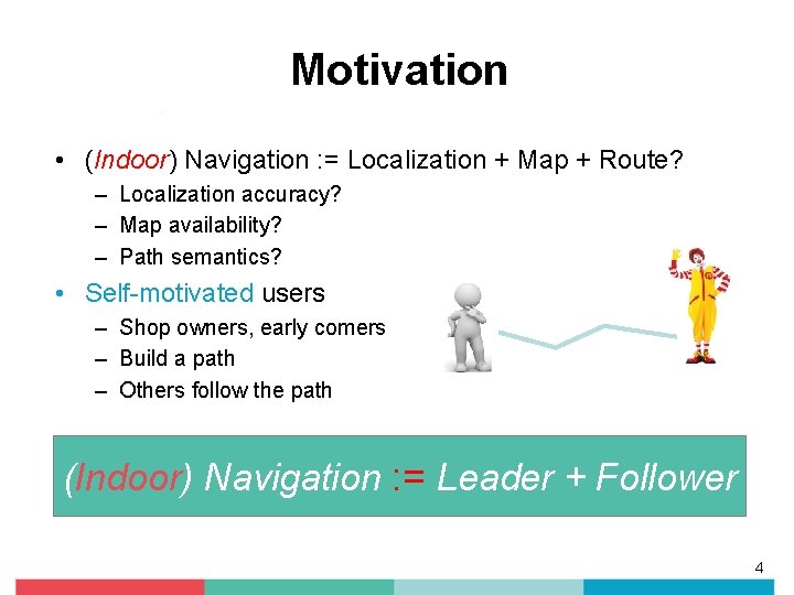 Motivation • (Indoor) Navigation : = Localization + Map + Route? – Localization accuracy?