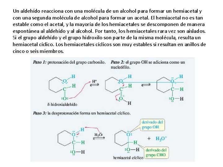 Un aldehído reacciona con una molécula de un alcohol para formar un hemiacetal y