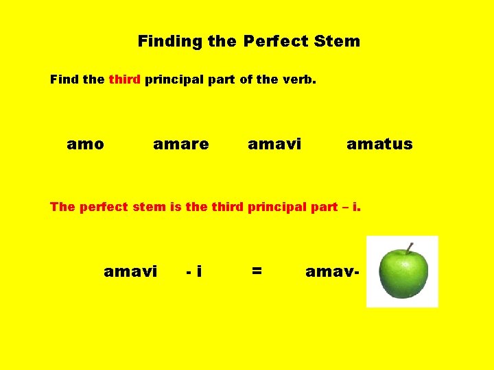 Finding the Perfect Stem Find the third principal part of the verb. amo amare
