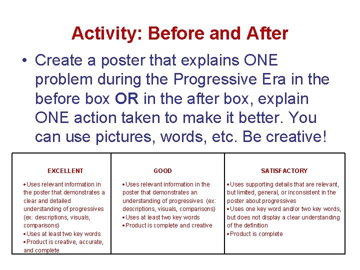 Activity: Before and After • Create a poster that explains ONE problem during the