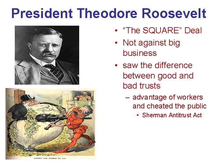 President Theodore Roosevelt • “The SQUARE” Deal • Not against big business • saw
