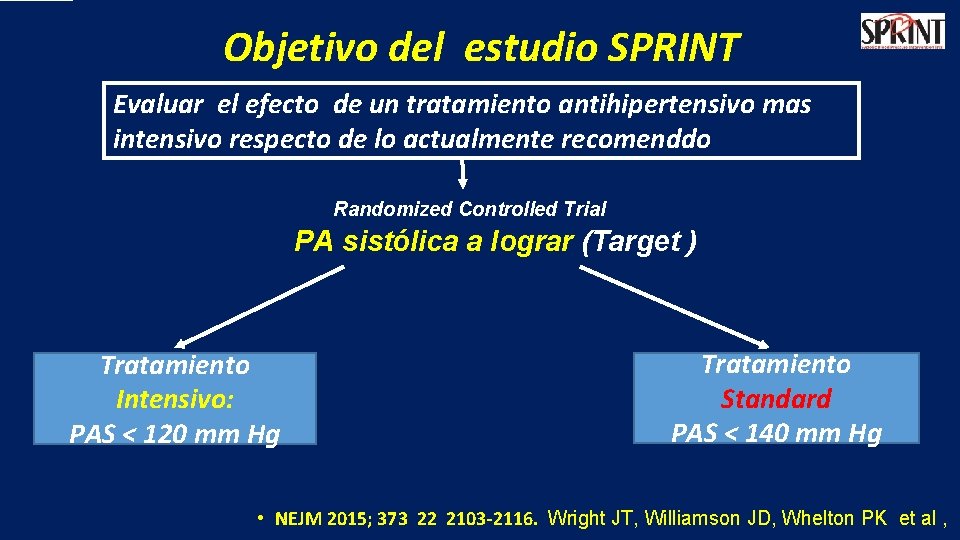 Objetivo del estudio SPRINT Evaluar el efecto de un tratamiento antihipertensivo mas intensivo respecto