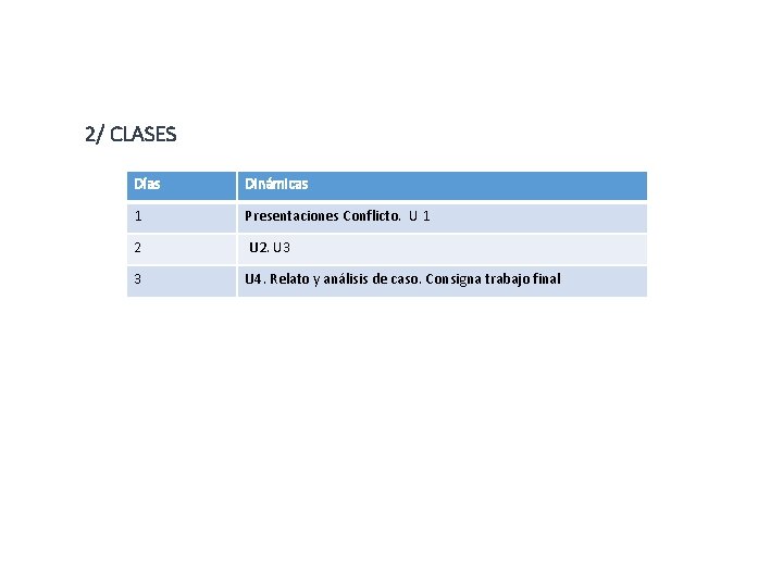 2/ CLASES Días Dinámicas 1 Presentaciones Conflicto. U 1 2 U 2. U 3