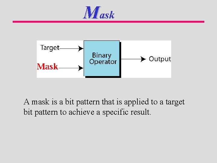 Mask A mask is a bit pattern that is applied to a target bit