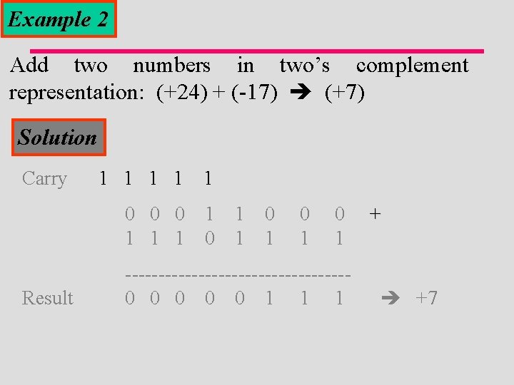 Example 2 Add two numbers in two’s complement representation: (+24) + (-17) (+7) Solution
