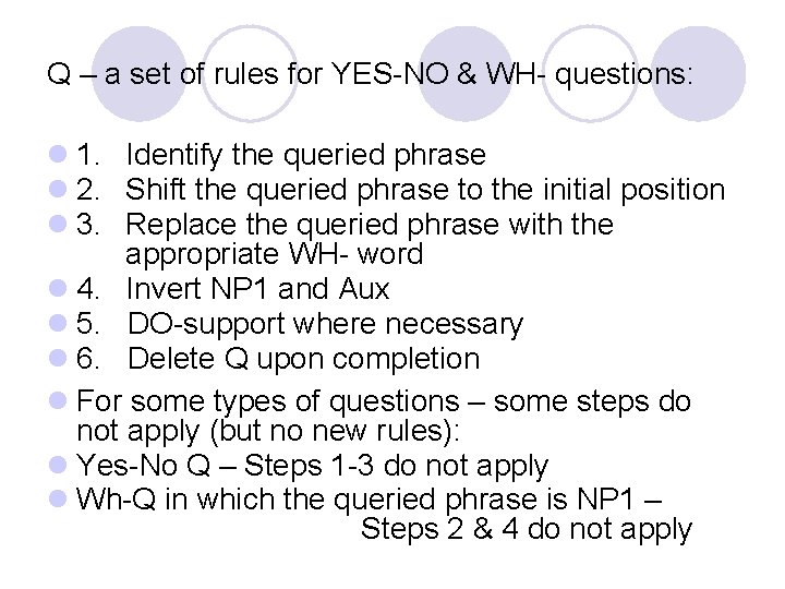 Q – a set of rules for YES-NO & WH- questions: l 1. Identify