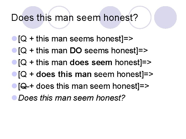 Does this man seem honest? l [Q + this man seems honest]=> l [Q