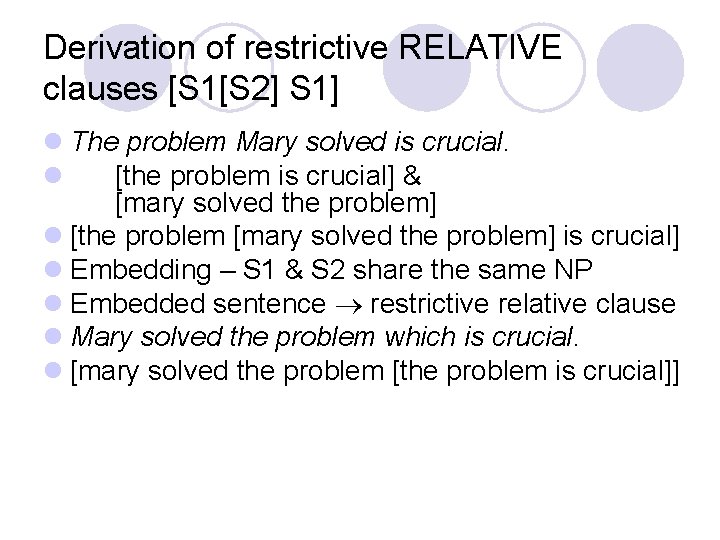 Derivation of restrictive RELATIVE clauses [S 1[S 2] S 1] l The problem Mary