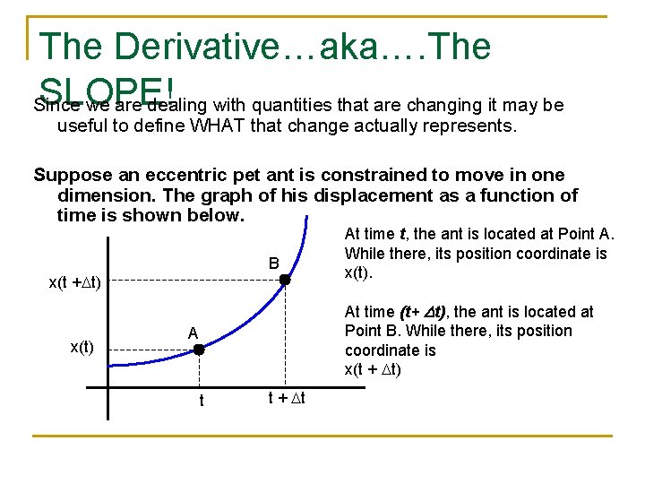 The Derivative…aka…. The SLOPE! Since we are dealing with quantities that are changing it