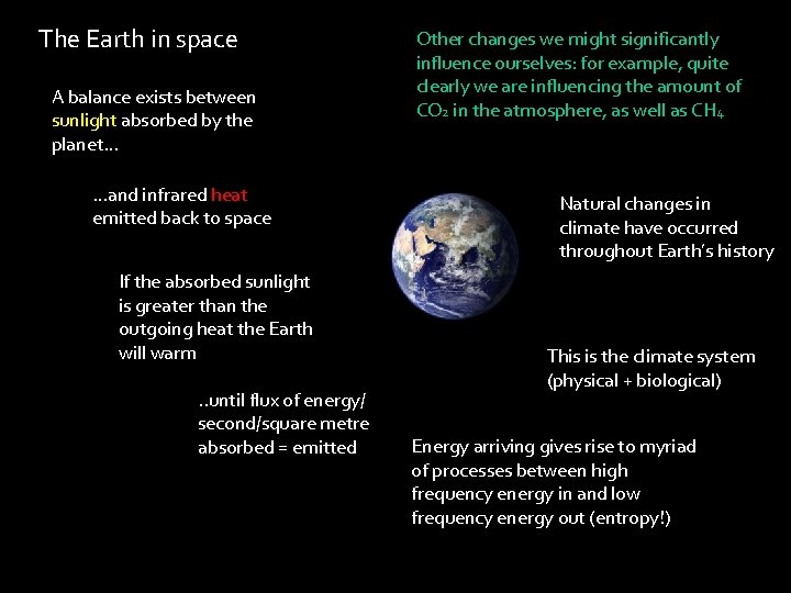 The Earth in space A balance exists between sunlight absorbed by the planet… …and