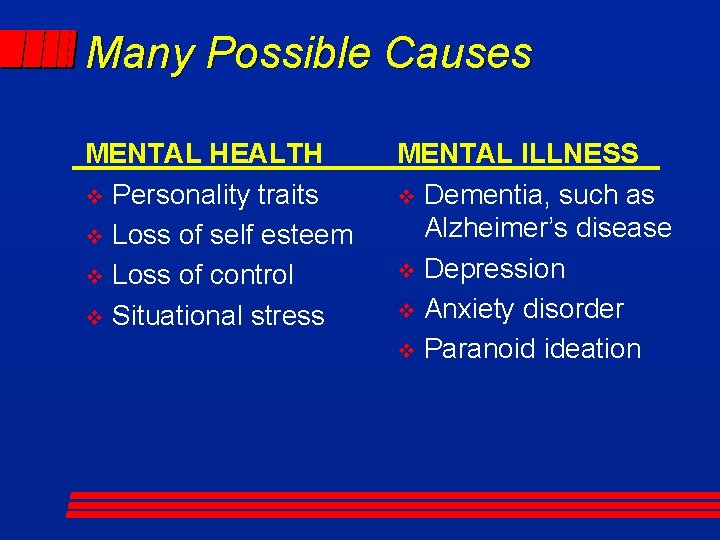 Many Possible Causes MENTAL HEALTH v Personality traits v Loss of self esteem v