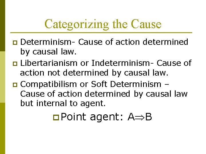 Categorizing the Cause Determinism- Cause of action determined by causal law. p Libertarianism or