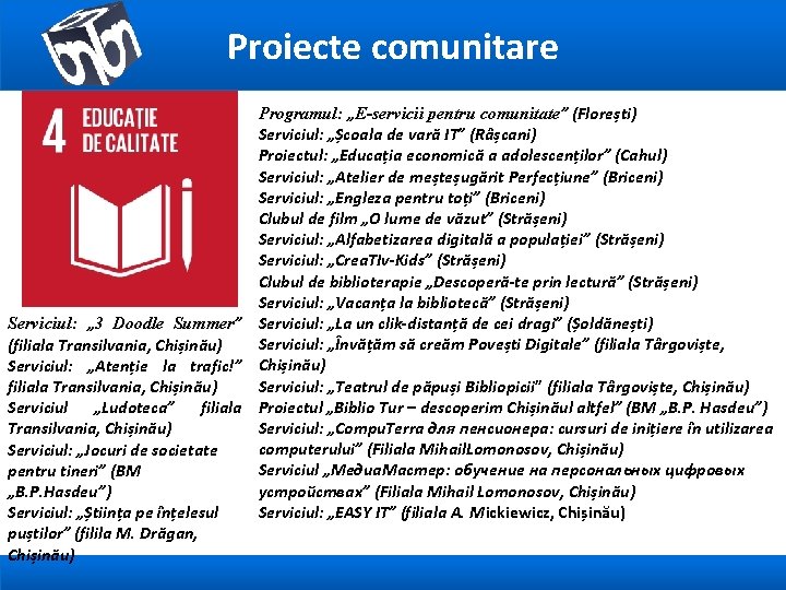 Proiecte comunitare Programul: „E-servicii pentru comunitate” (Florești) Serviciul: „Școala de vară IT” (Râșcani) Proiectul: