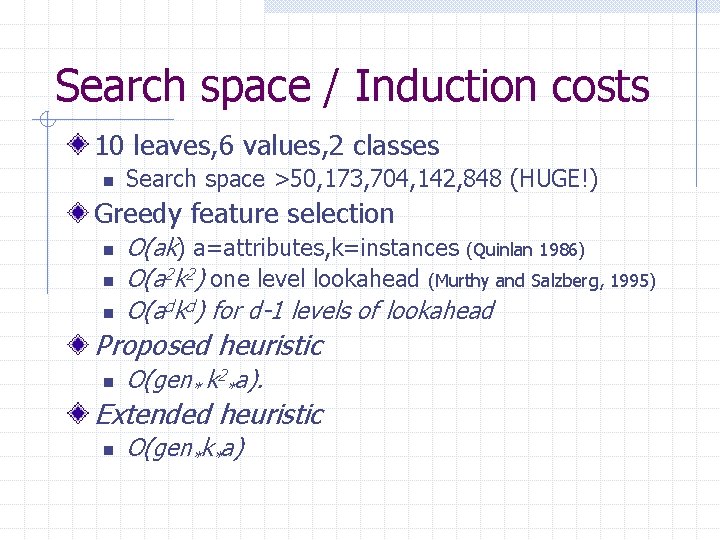 Search space / Induction costs 10 leaves, 6 values, 2 classes n Search space