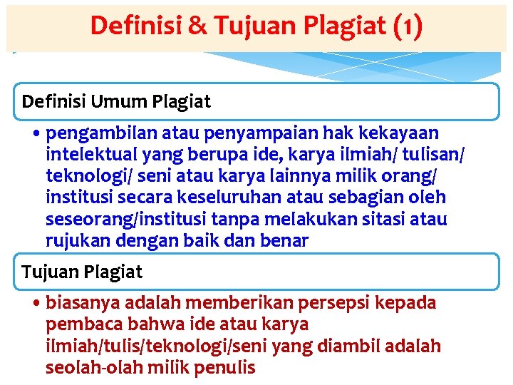 Definisi & Tujuan Plagiat (1) Definisi Umum Plagiat • pengambilan atau penyampaian hak kekayaan