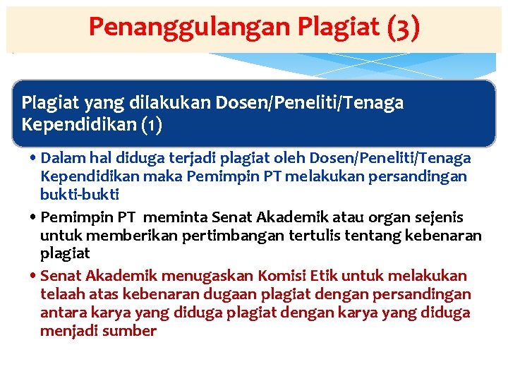 Penanggulangan Plagiat (3) Plagiat yang dilakukan Dosen/Peneliti/Tenaga Kependidikan (1) • Dalam hal diduga terjadi