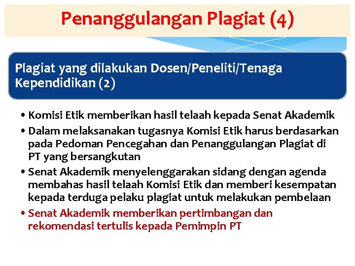 Penanggulangan Plagiat (4) Plagiat yang dilakukan Dosen/Peneliti/Tenaga Kependidikan (2) • Komisi Etik memberikan hasil