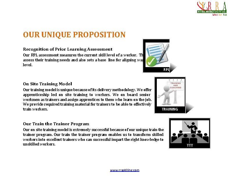 OUR UNIQUE PROPOSITION Recognition of Prior Learning Assessment Our RPL assessment measures the current