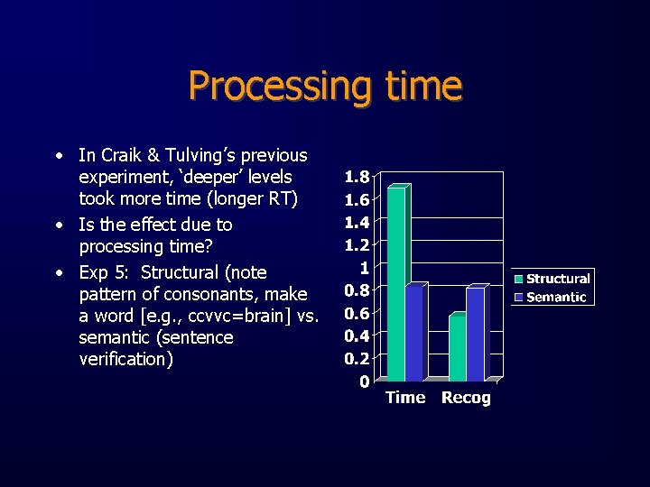 Processing time • In Craik & Tulving’s previous experiment, ‘deeper’ levels took more time