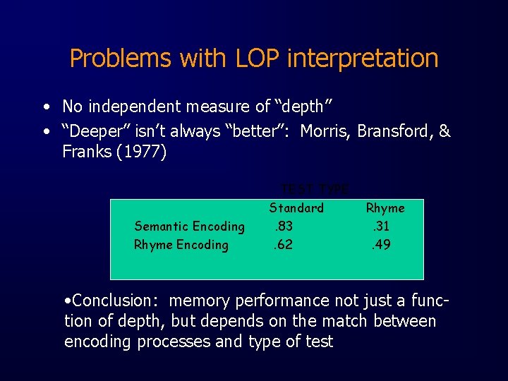 Problems with LOP interpretation • No independent measure of “depth” • “Deeper” isn’t always