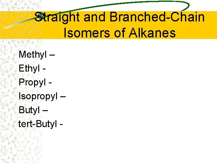 Straight and Branched-Chain Isomers of Alkanes Methyl – Ethyl Propyl Isopropyl – Butyl –