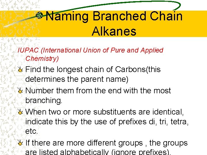 Naming Branched Chain Alkanes IUPAC (International Union of Pure and Applied Chemistry) Find the
