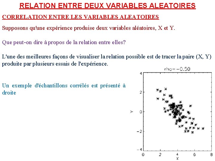 RELATION ENTRE DEUX VARIABLES ALEATOIRES CORRELATION ENTRE LES VARIABLES ALEATOIRES Supposons qu'une expérience produise