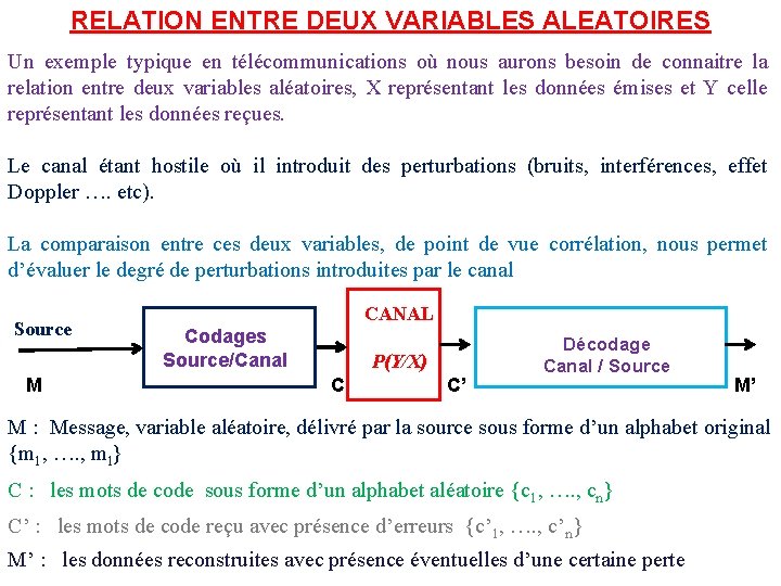RELATION ENTRE DEUX VARIABLES ALEATOIRES Un exemple typique en télécommunications où nous aurons besoin