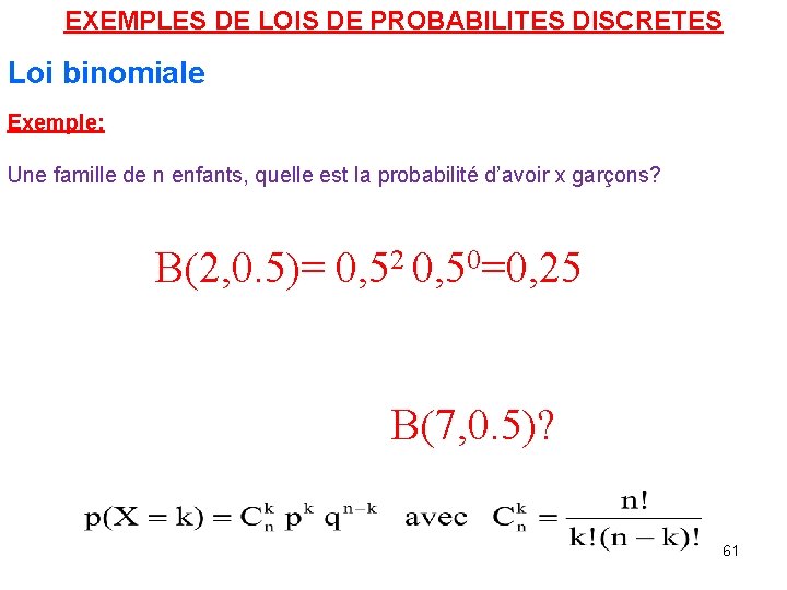 EXEMPLES DE LOIS DE PROBABILITES DISCRETES Loi binomiale Exemple: Une famille de n enfants,