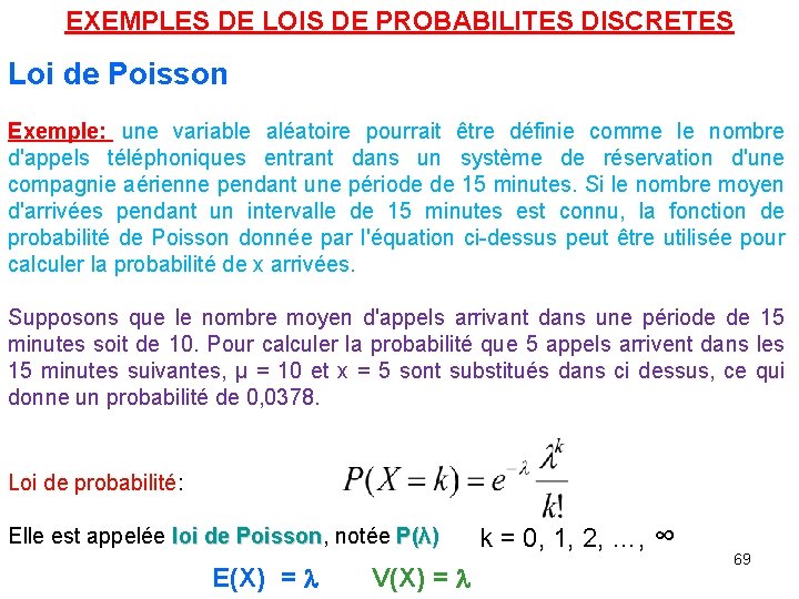 EXEMPLES DE LOIS DE PROBABILITES DISCRETES Loi de Poisson Exemple: une variable aléatoire pourrait