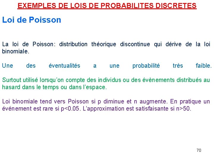 EXEMPLES DE LOIS DE PROBABILITES DISCRETES Loi de Poisson La loi de Poisson: distribution