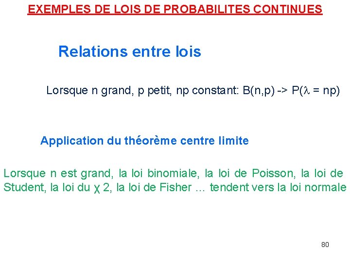 EXEMPLES DE LOIS DE PROBABILITES CONTINUES Relations entre lois Lorsque n grand, p petit,