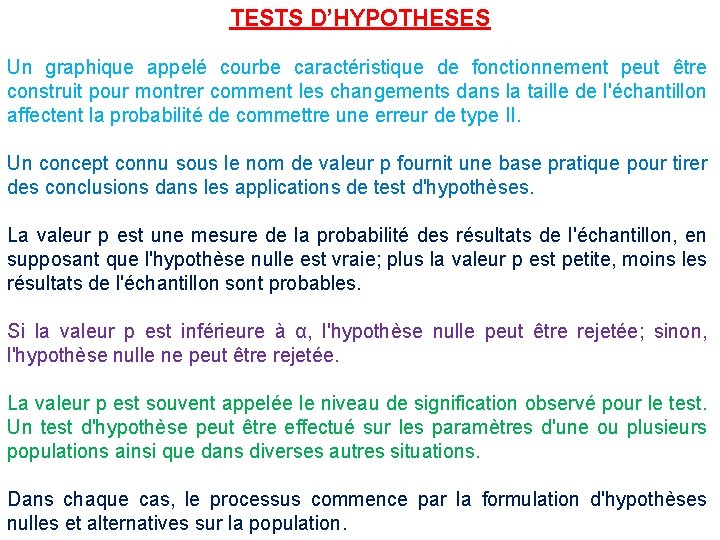 TESTS D’HYPOTHESES Un graphique appelé courbe caractéristique de fonctionnement peut être construit pour montrer