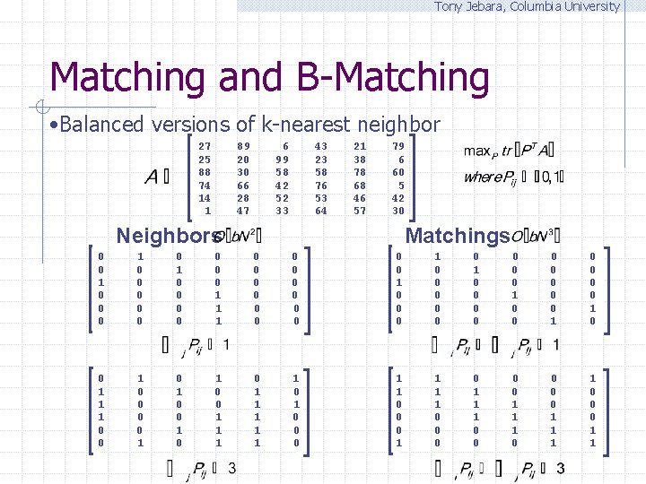 Tony Jebara, Columbia University Matching and B-Matching • Balanced versions of k-nearest neighbor 27