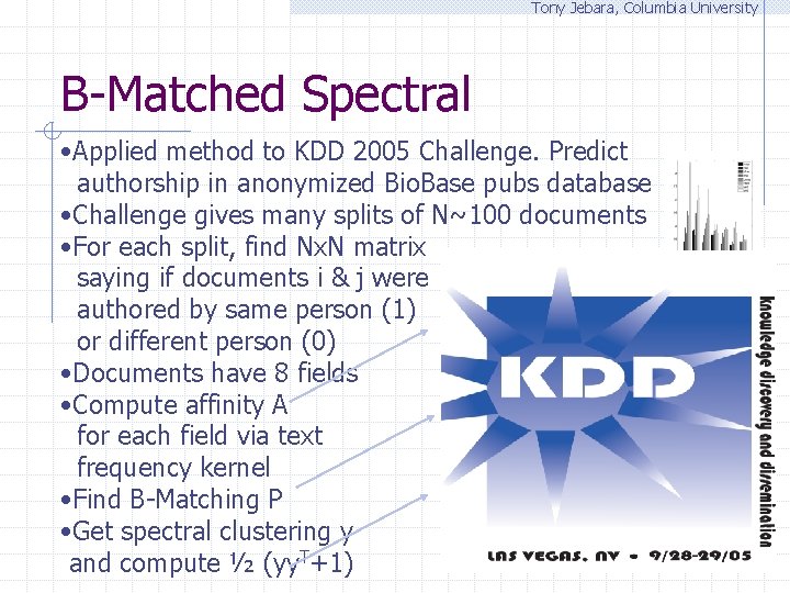 Tony Jebara, Columbia University B-Matched Spectral • Applied method to KDD 2005 Challenge. Predict