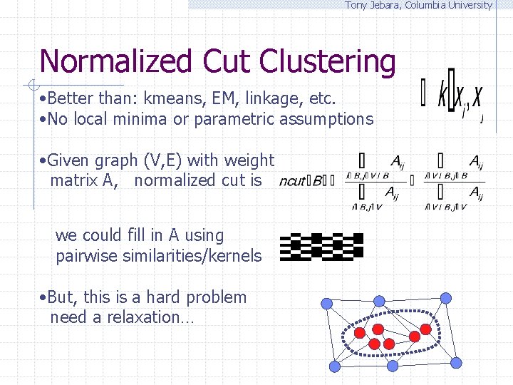 Tony Jebara, Columbia University Normalized Cut Clustering • Better than: kmeans, EM, linkage, etc.
