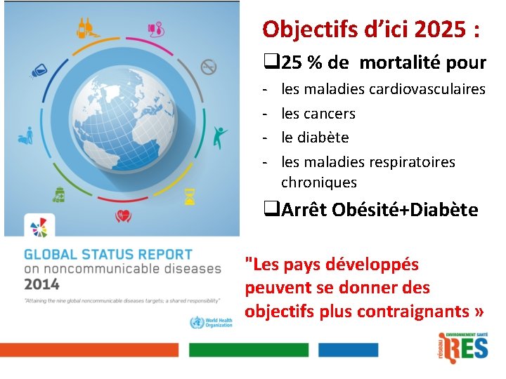 Objectifs d’ici 2025 : q 25 % de mortalité pour - les maladies cardiovasculaires