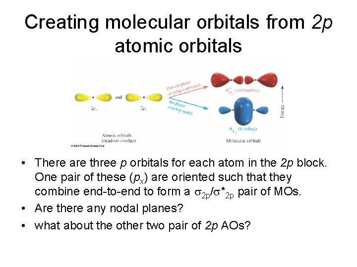 Creating molecular orbitals from 2 p atomic orbitals • There are three p orbitals