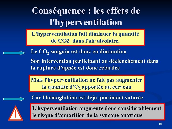 Conséquence : les effets de l'hyperventilation L'hyperventilation fait diminuer la quantité de CO 2